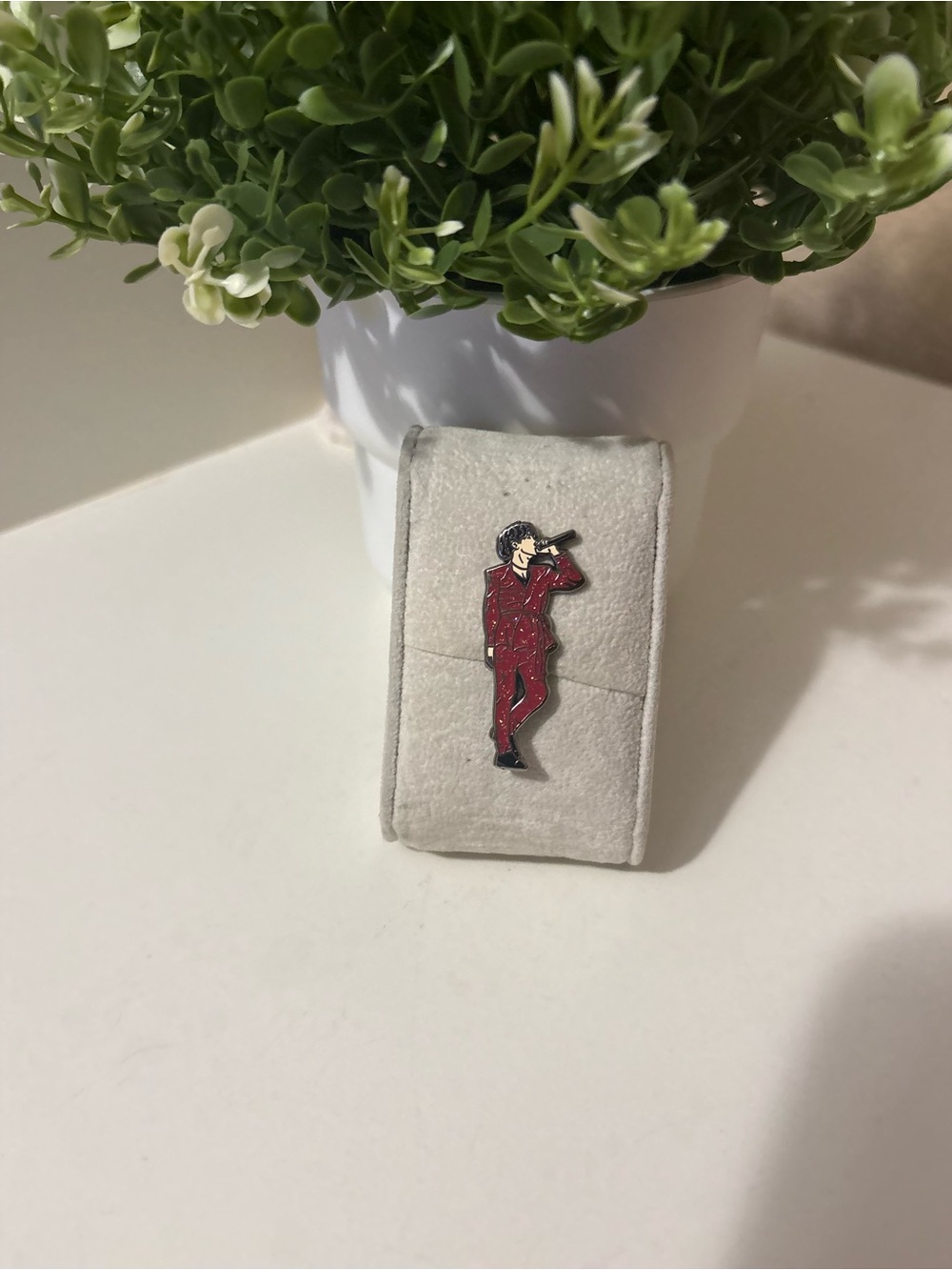 K-Pop Inspired Red Glitter Stage Performer Enamel Pin Fanart Idol Mic Suit